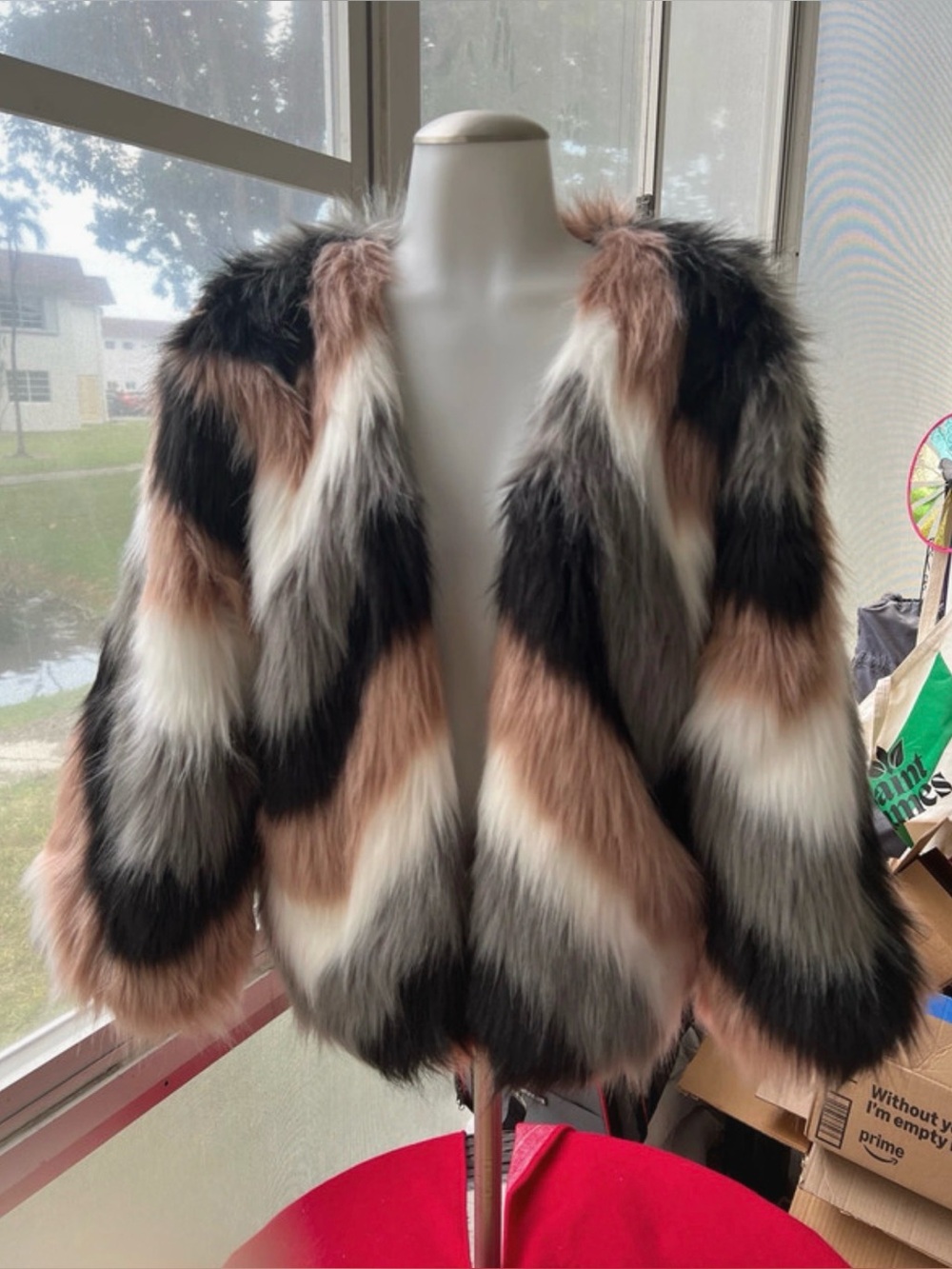 June & Hudson Faux Fur Colorblock Jacket - Multicolor NWOT